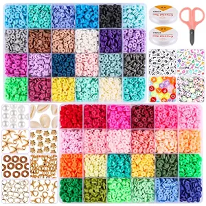 10000 PCS Clay Beads for Jewelry Making Kalolary 48 Colors Flat Round Polymer Clay Spacer Beads with Pendant Charm Kit Jewelry DIY Tools for Bohemian Bracelet Necklace Craft Decoration Supplies (6 mm)