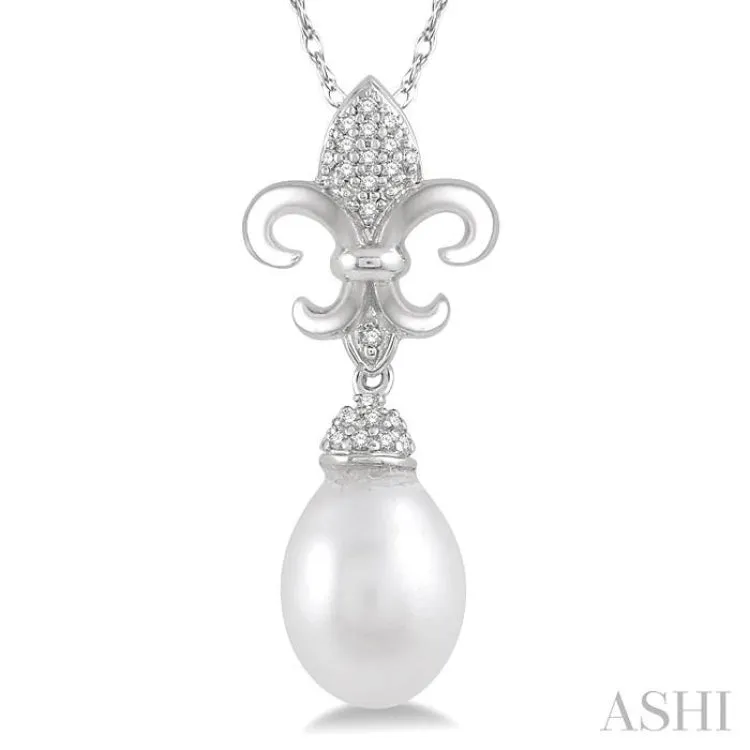 1/10 Ctw 9x7mm White Cultured Pearl & Round Cut Diamond Fleur De Lis Pendant in 10K White Gold