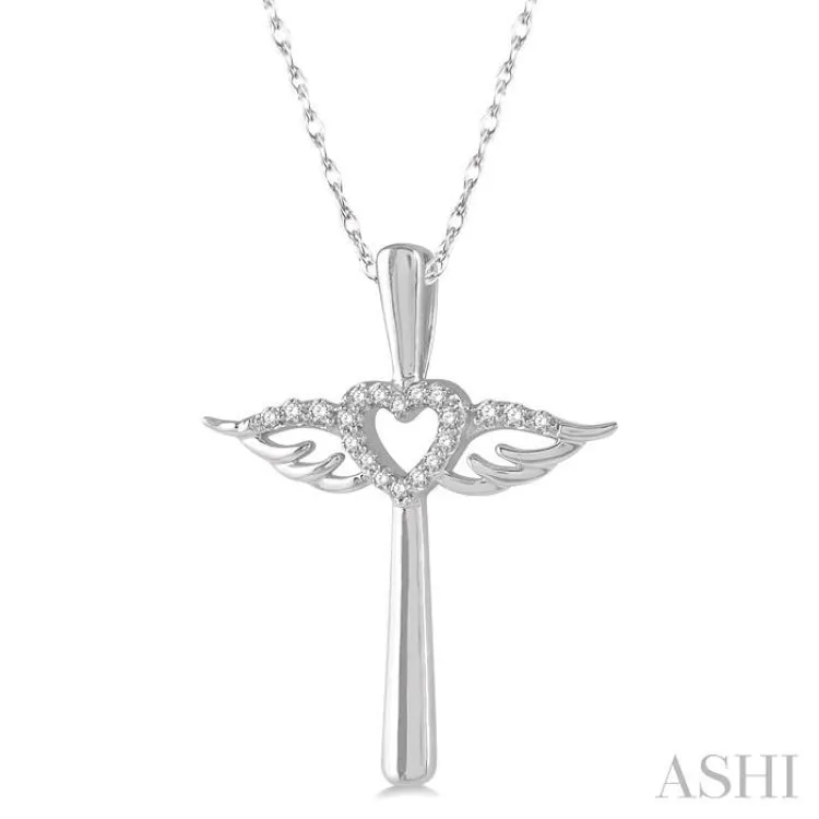 1/10 Ctw Angel Wing & Heart Round Cut Diamond Cross Pendant With Chain in 10K White Gold