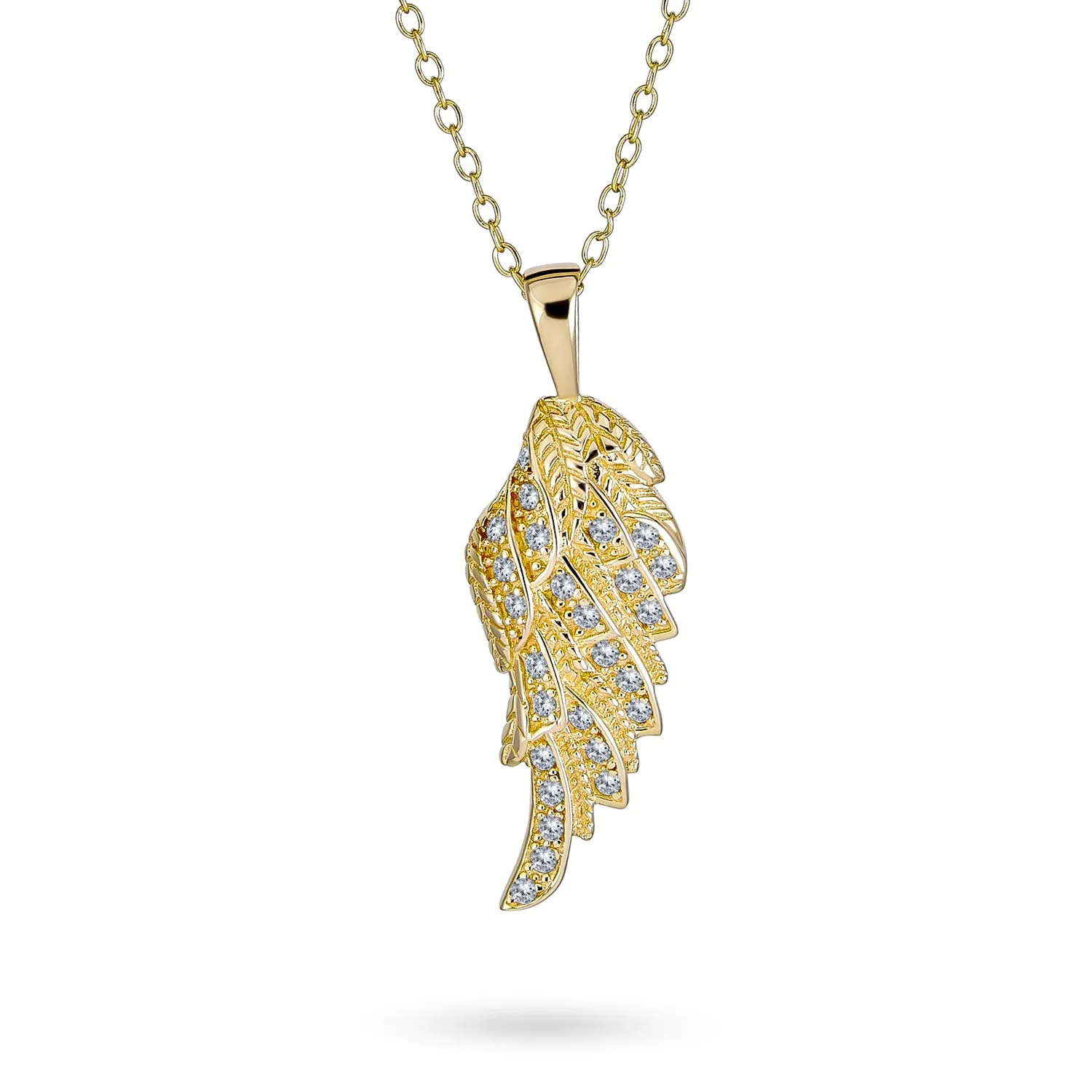 14K Rose Gold Sterling Silver Angel Wing Pendant Necklace with CZ Pave Accents