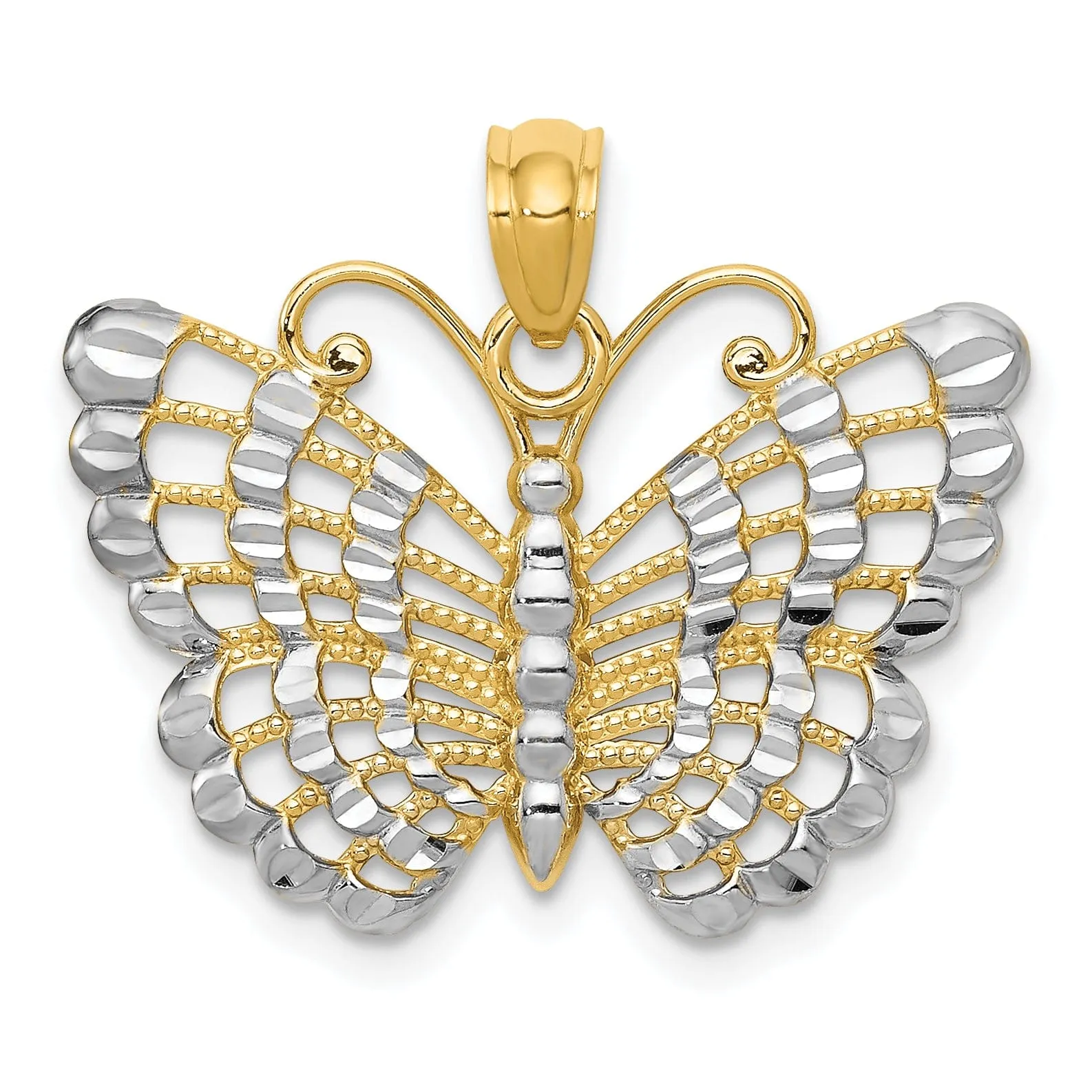 14k Two-tone Gold Casted Open Back Solid Polished Finish Diamond-cut Butterfly Charm Pendant