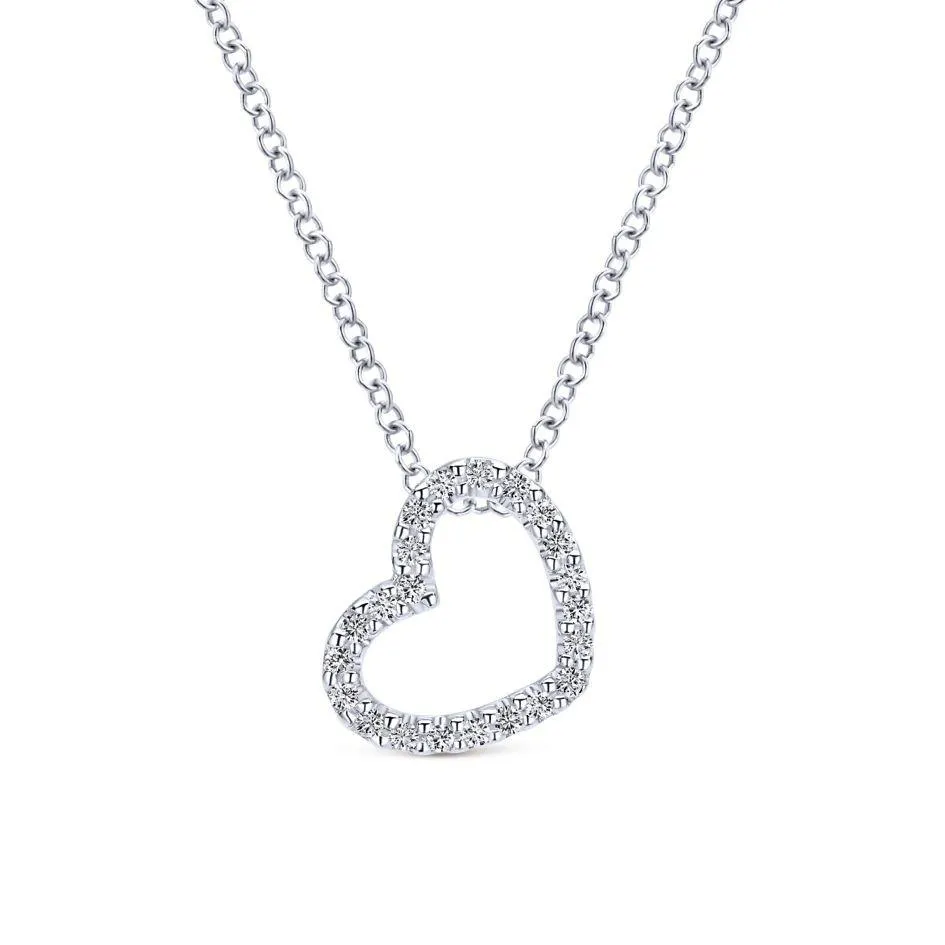 14K White Gold Pavé Diamond Open Heart Necklace