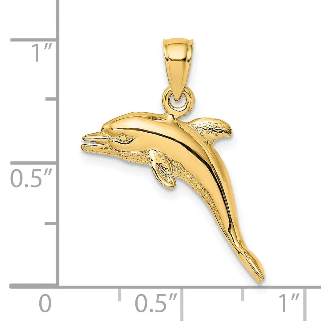 14k Yellow Gold 3D Solid Casted Polished and Textured Finish Jumping Dolphin Charm Pendant