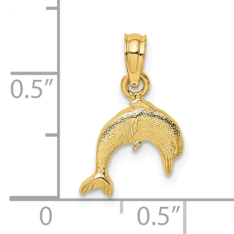 14k Yellow Gold Casted Solid Textured and Polished Finish Mini Dolphin Jumping Charm Pendant