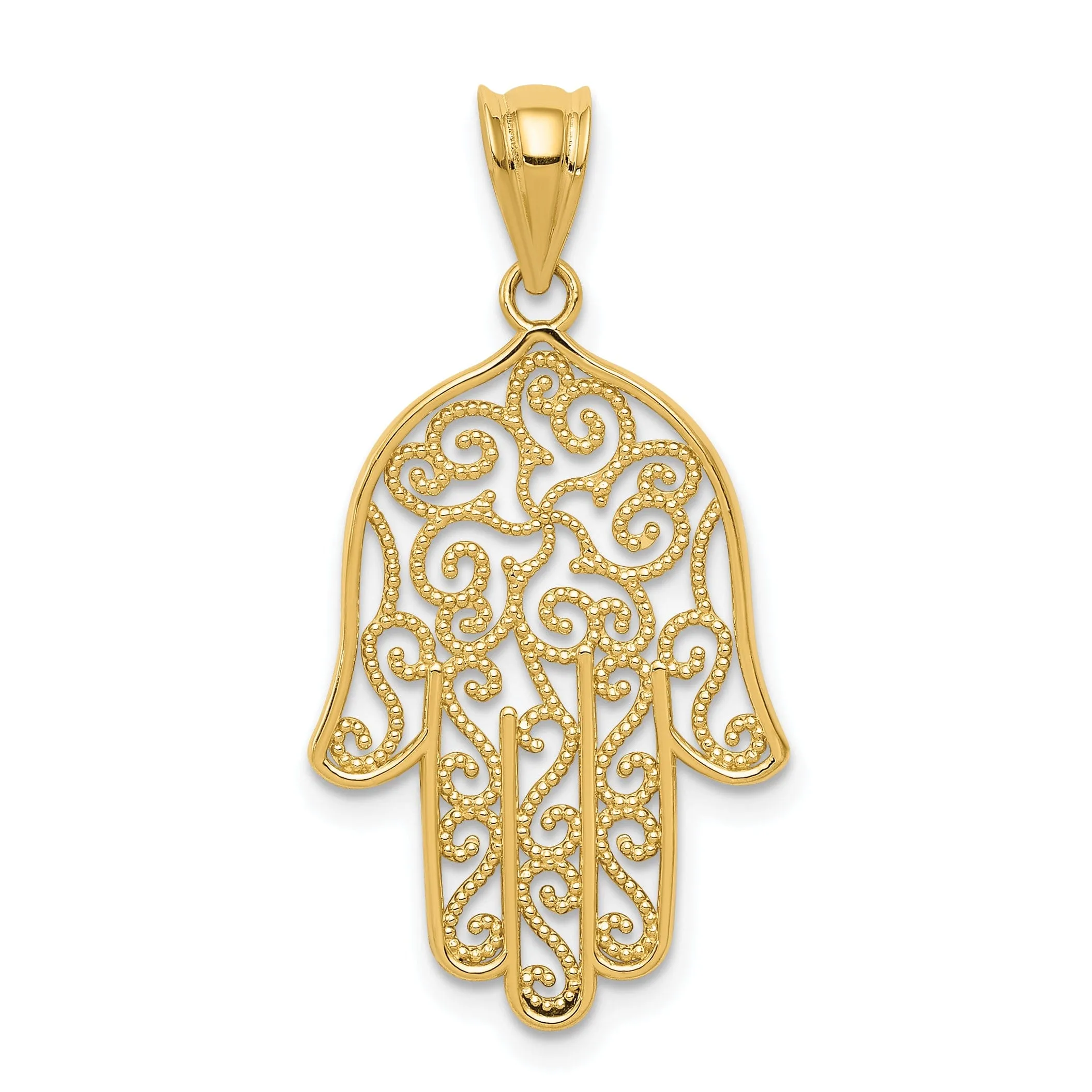 14k Yellow Gold Polished Textured Finish Filigree Hamsa Charm Pendant