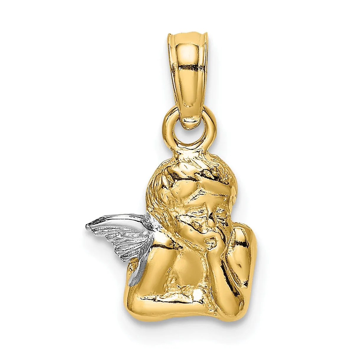 14K Yellow Gold Rhodium Polished Angel Resting On Elbow Wings Pendant