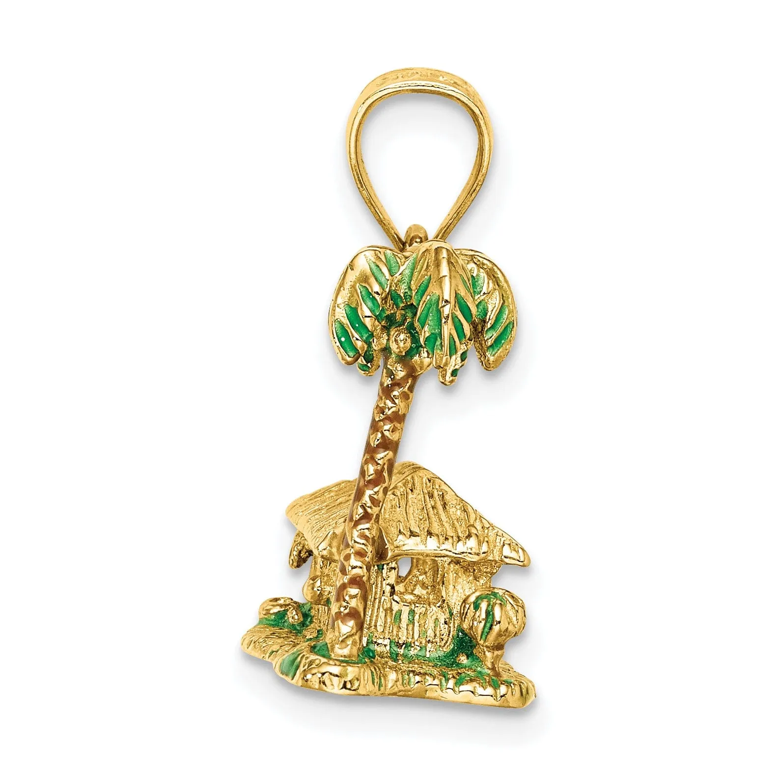 14K Yellow Gold Textured Multi-Color Enameled Finish 3-Dimensional Palm Tree and Hut Charm Pendant