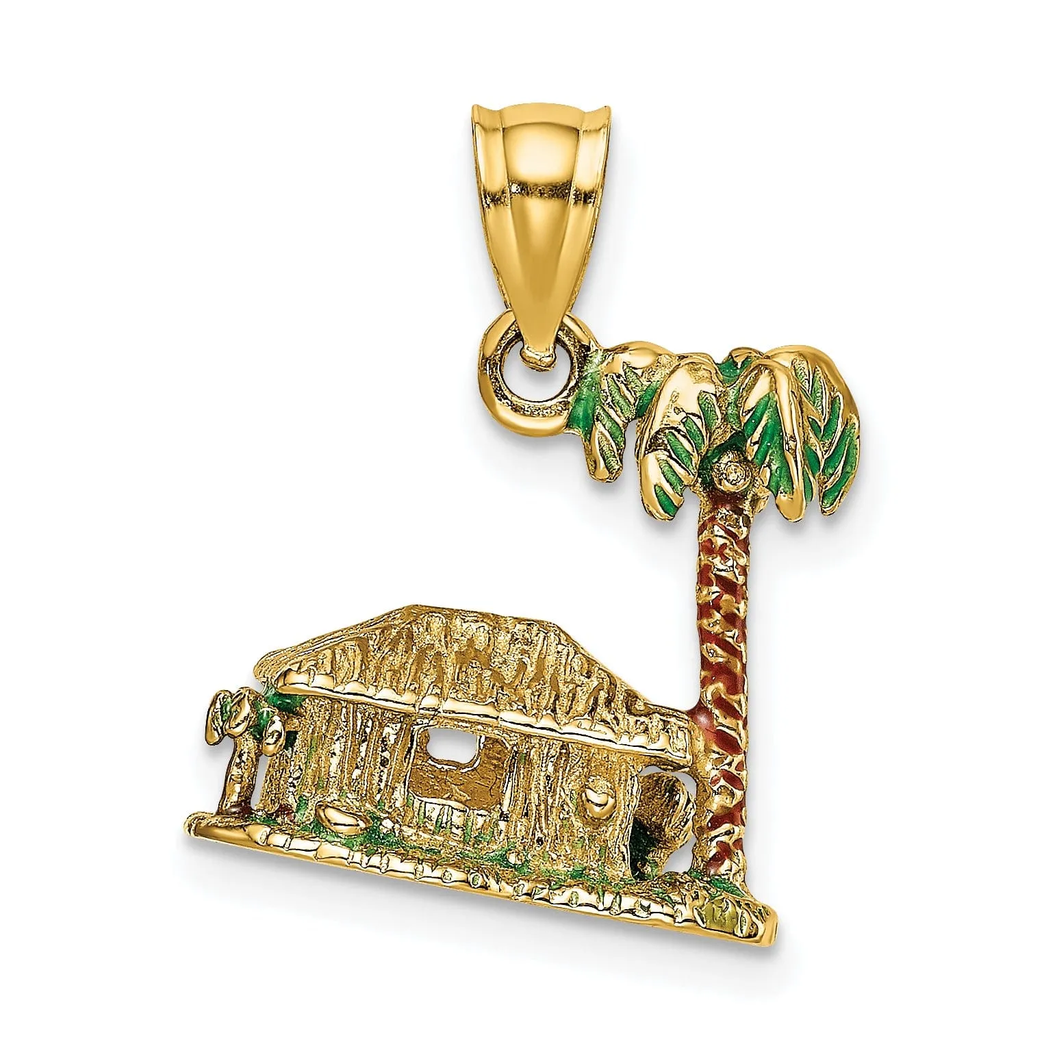 14K Yellow Gold Textured Multi-Color Enameled Finish 3-Dimensional Palm Tree and Hut Charm Pendant