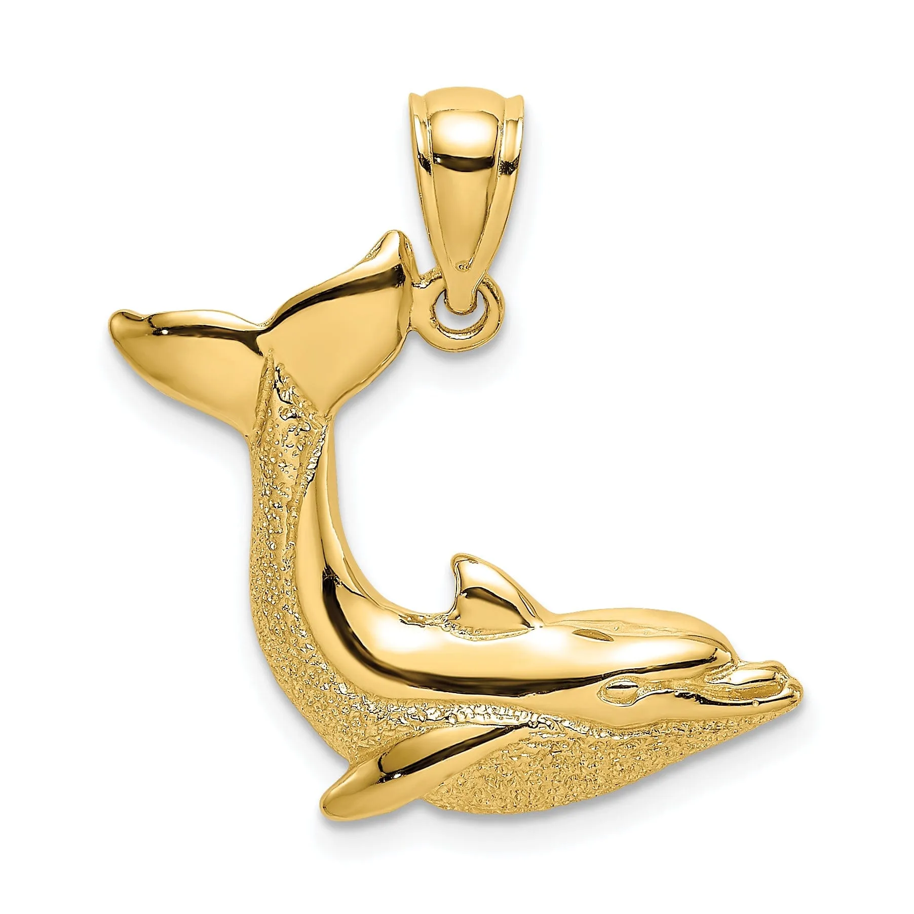 14K Yellow Gold Textured Polished Finish 2-Dimensional Dolphin Flapping its Tail Charm Pendant