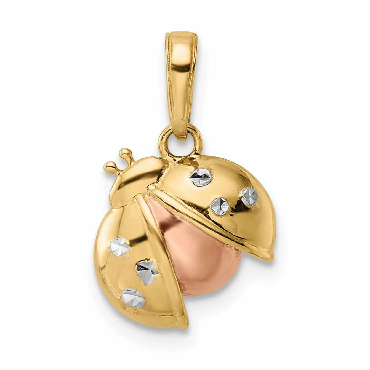 14k  Yellow Gold White and Rose Rhodium Diamond Cut Polished Finish Solid Open Back Ladybug Charm Pendant