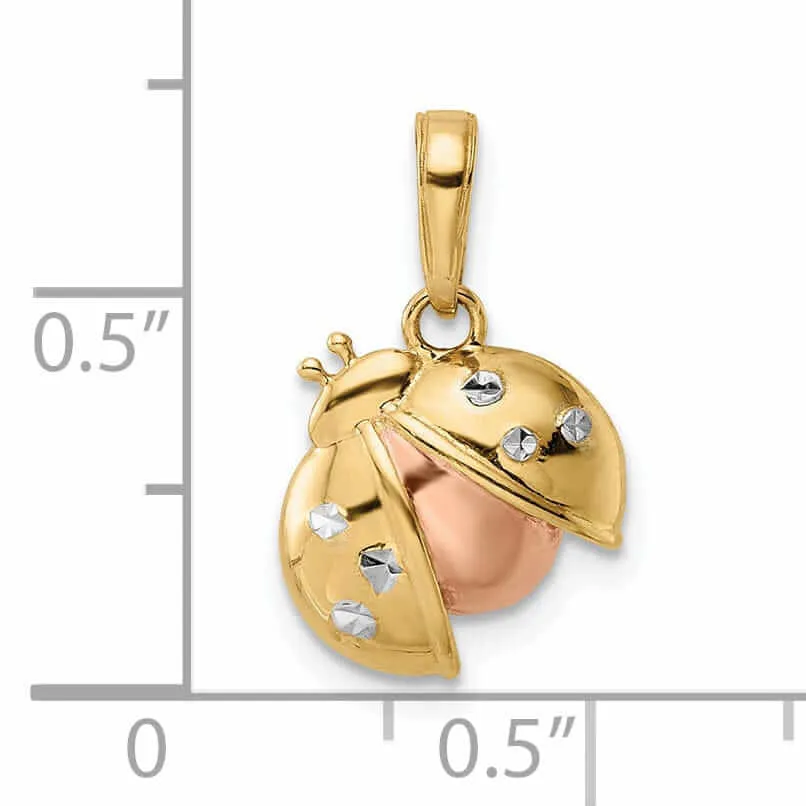 14k  Yellow Gold White and Rose Rhodium Diamond Cut Polished Finish Solid Open Back Ladybug Charm Pendant