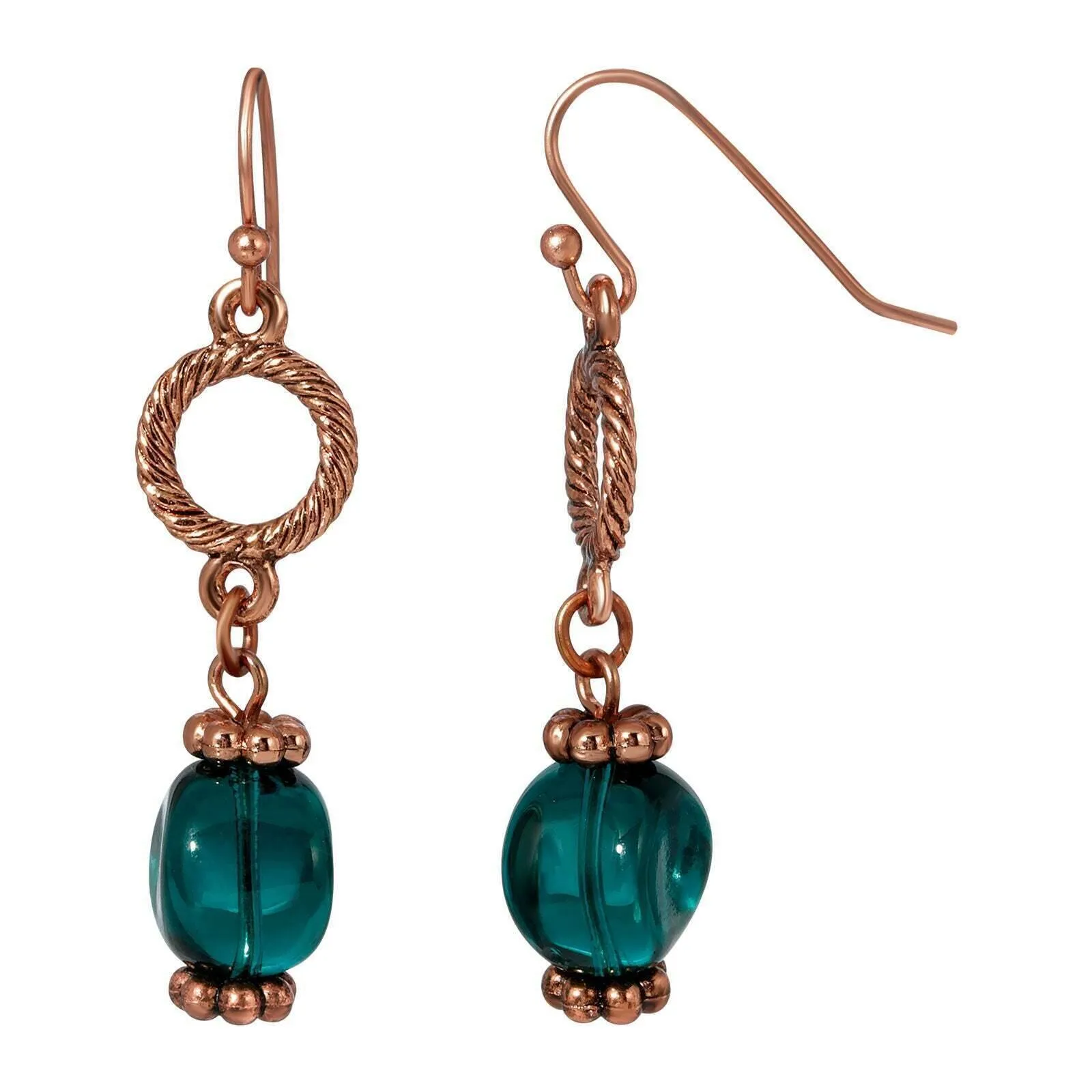 1928 Jewelry Loop & Teal Blue Baroque Glass Bead Drop Earrings