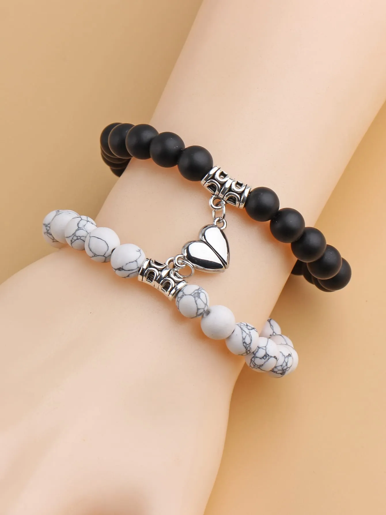 2pcs Couple Magnet Heart Marbled Beaded Bracelet Women Bracelet Stackable