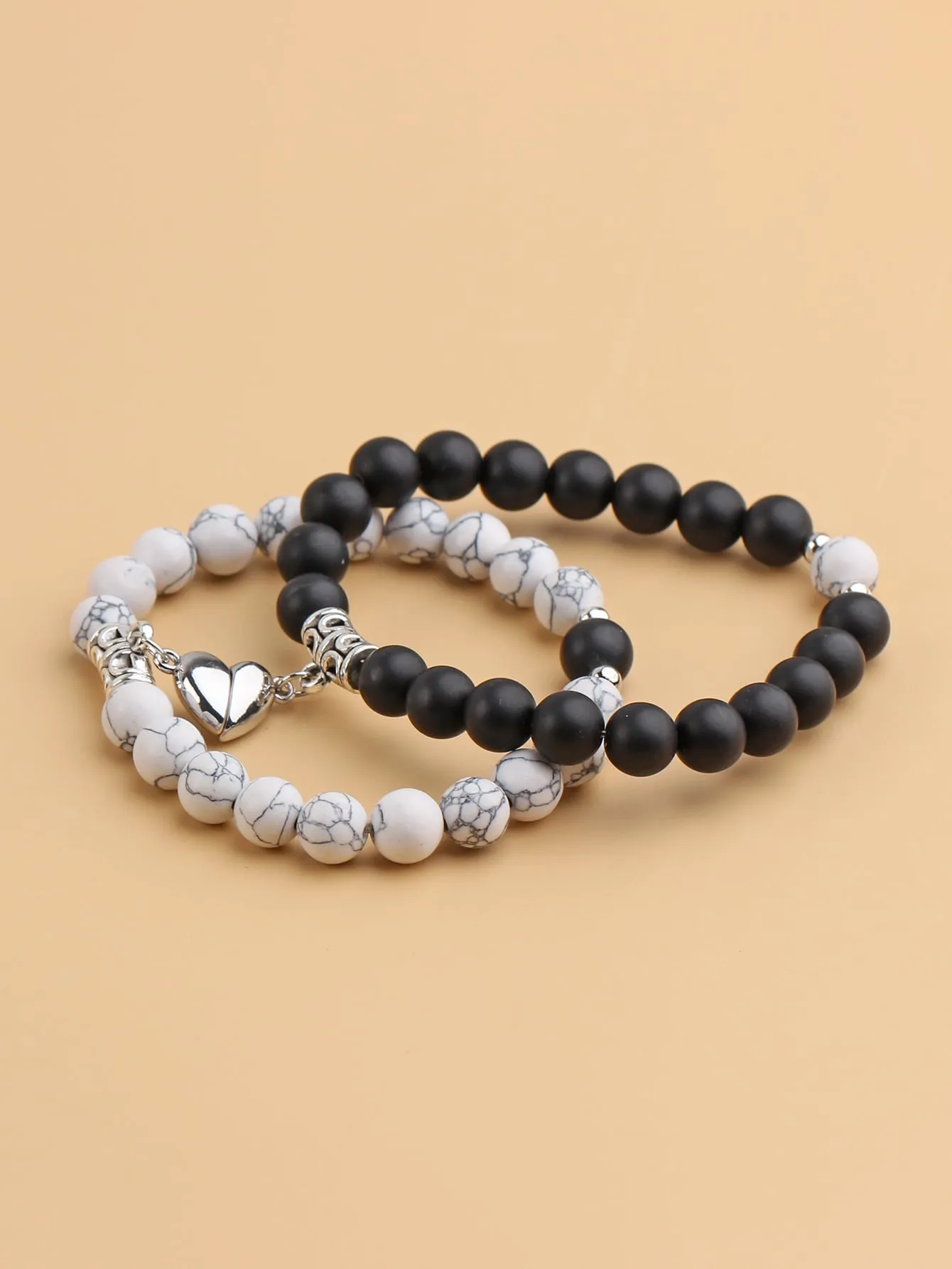 2pcs Couple Magnet Heart Marbled Beaded Bracelet Women Bracelet Stackable