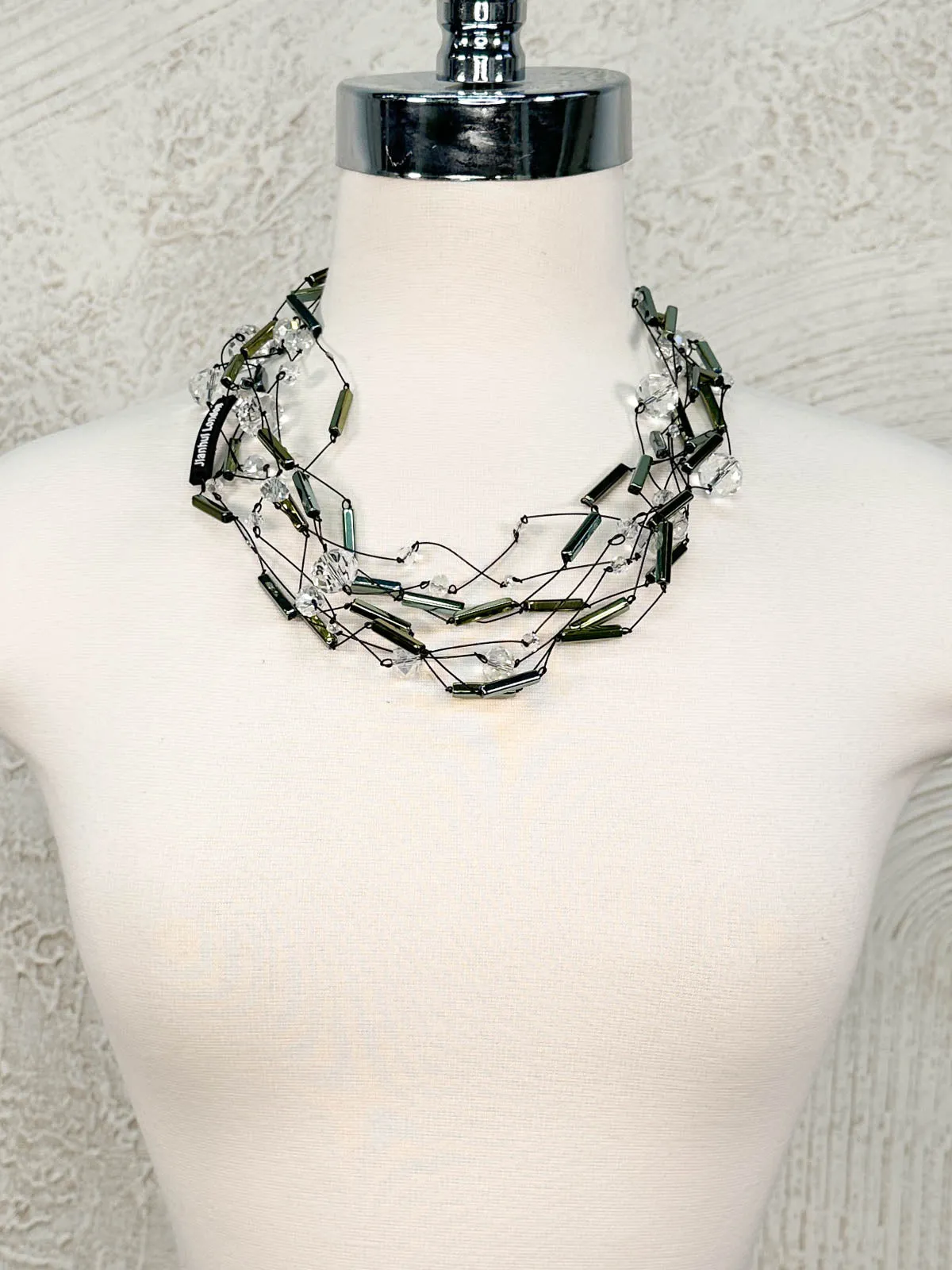 4 Strand Crystal Beads & Tubes Necklace, Clear/Peacock