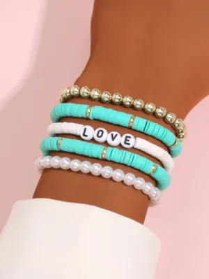 5pcs Faux Pearl Mint Blue LOVE Beaded Bracelet Women Bracelet Stackable Bracelet