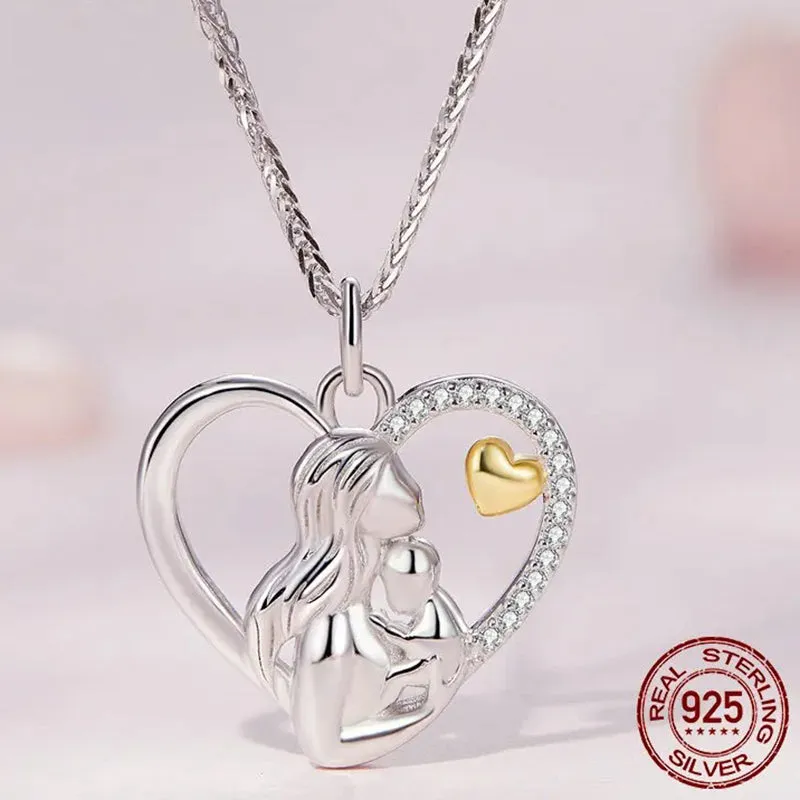 925 Sterling Silver Mother and Child Heart Pendant Necklace for Women Birthday Mother's Day Gift Fine Jewelry