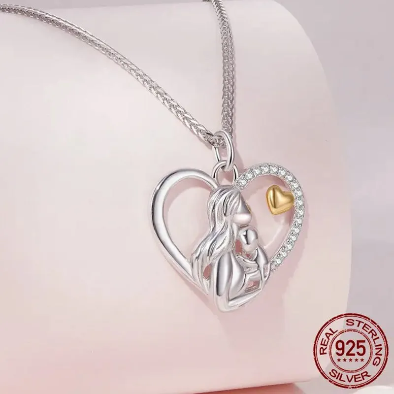 925 Sterling Silver Mother and Child Heart Pendant Necklace for Women Birthday Mother's Day Gift Fine Jewelry