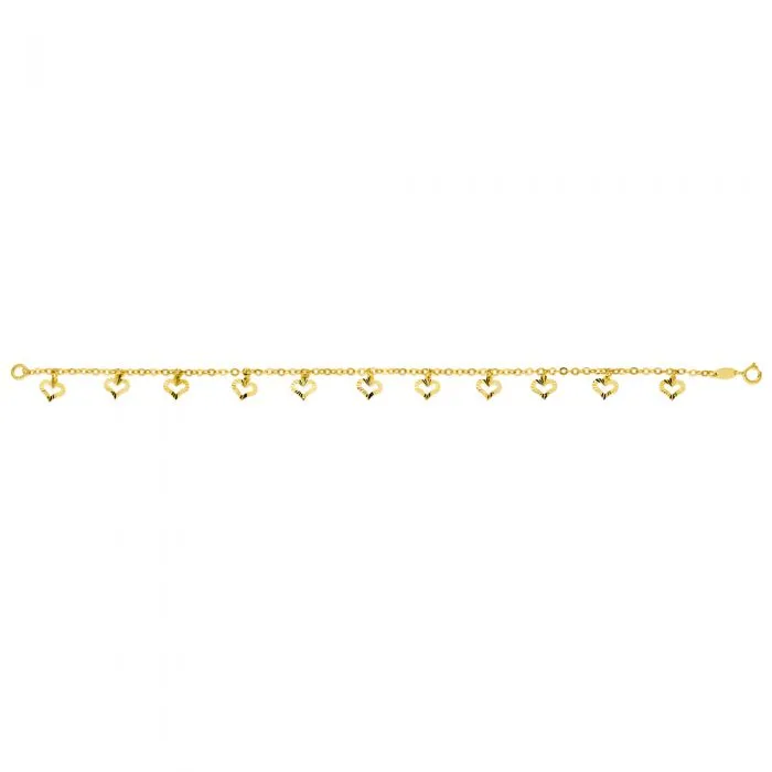 9ct Yellow Gold Belcher 19 cm Bracelet with 11 diamond Cut Heart Charms