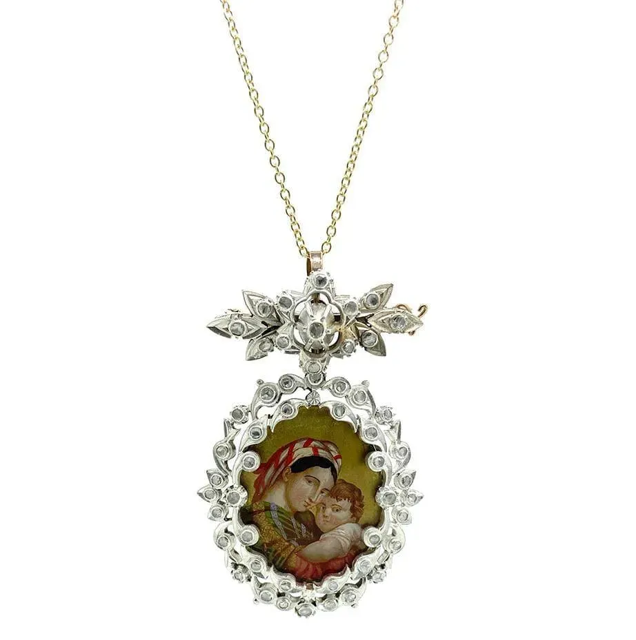 Antique Georgian 1.5ct Diamond Virgin Mary Jesus Brooch Necklace