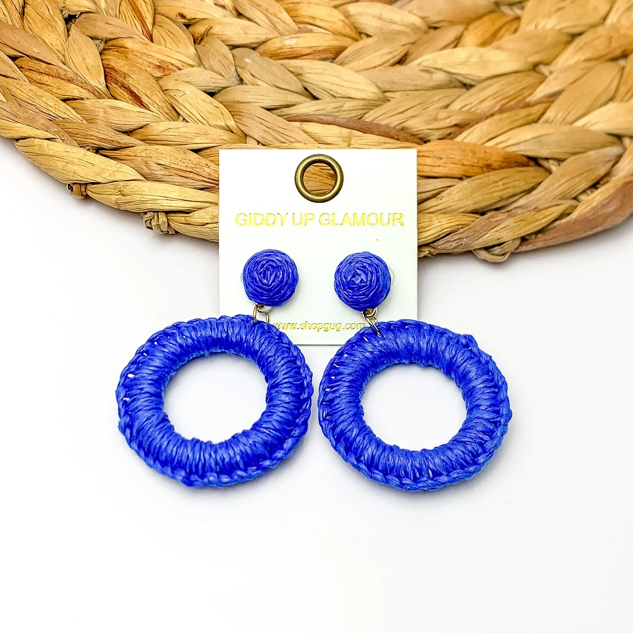 Beachside Café Raffia Wrapped Circle Earrings in Royal Blue