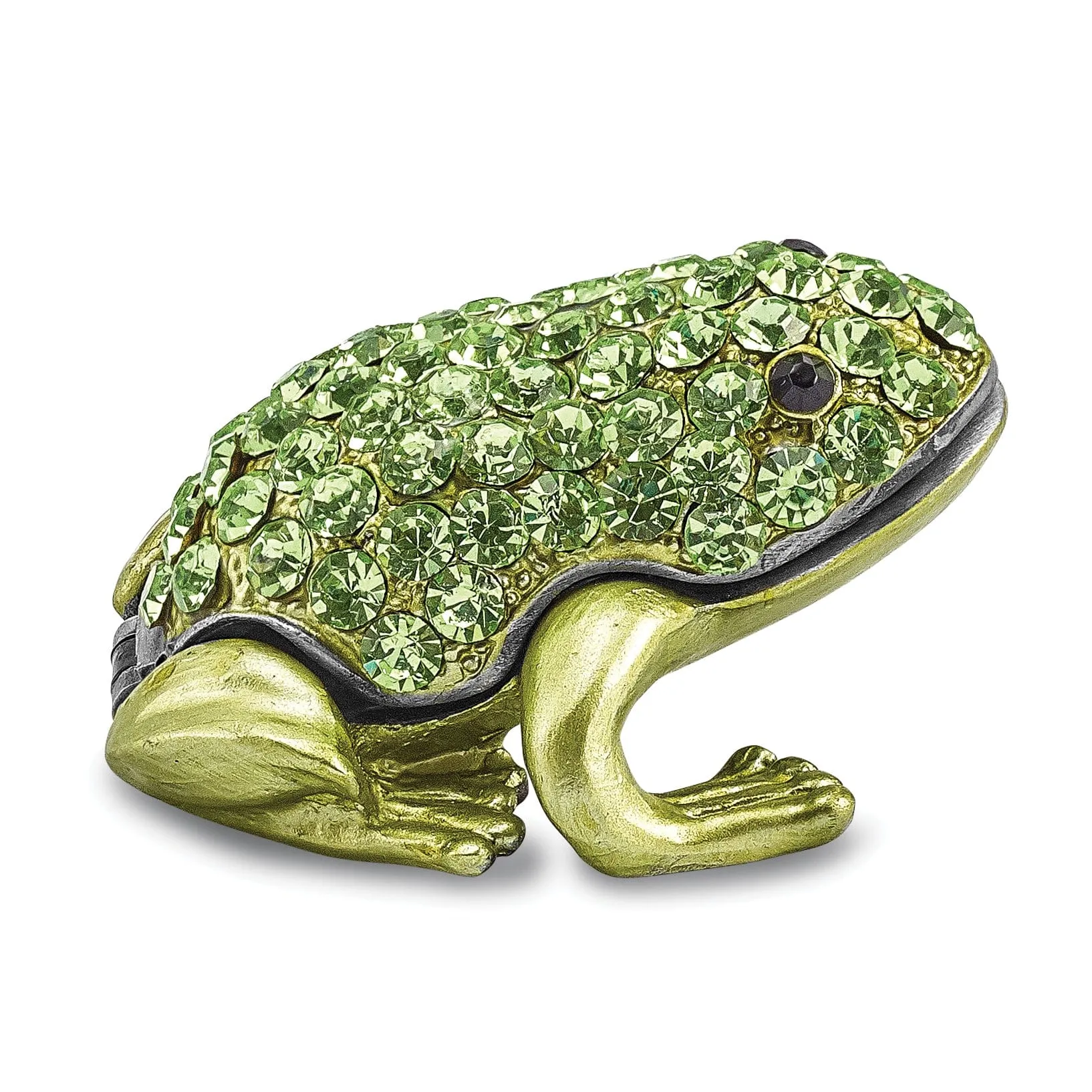 Bejeweled Green Black Silver Tone Color HOPPER Green Frog Trinket Box