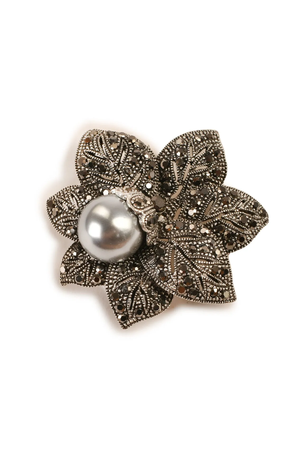 Black Stone Studded Flower Brooch