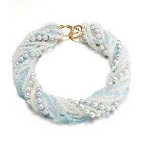 Blue Akoya Pearl, Moonstone & Aquamarine Twist Necklace