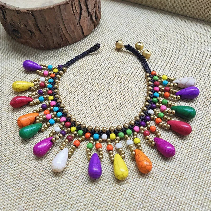 Bohemian Style Semi-precious Stone Anklet Wax Thread Hand-woven