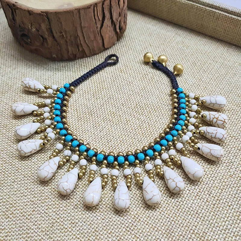 Bohemian Style Semi-precious Stone Anklet Wax Thread Hand-woven