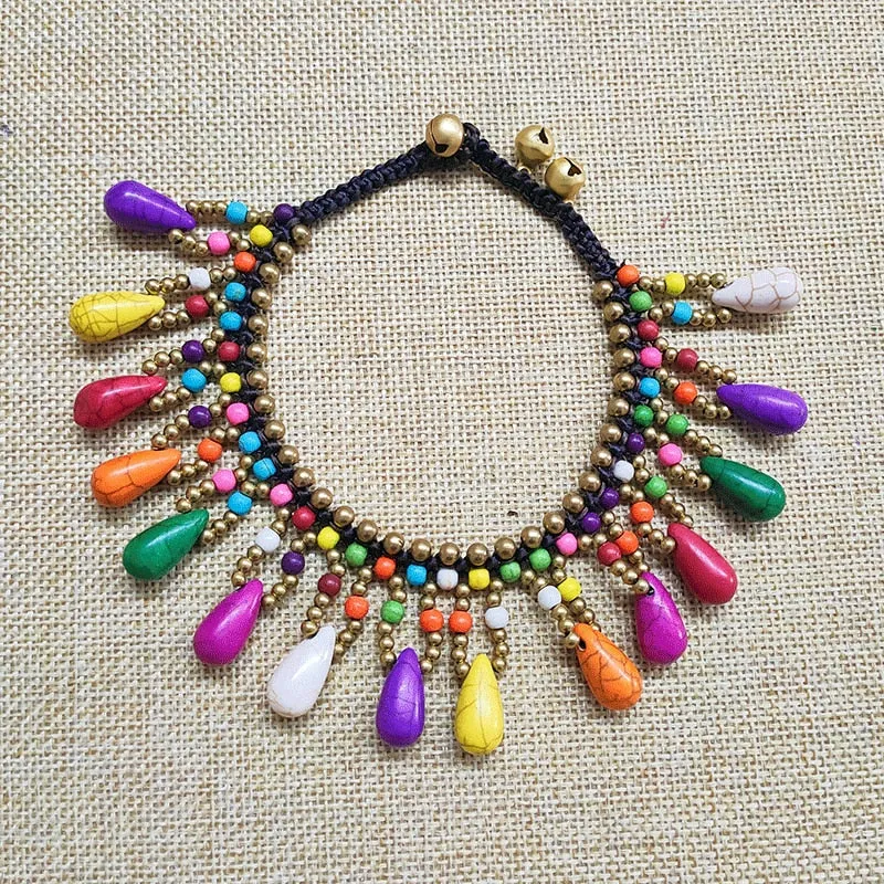 Bohemian Style Semi-precious Stone Anklet Wax Thread Hand-woven