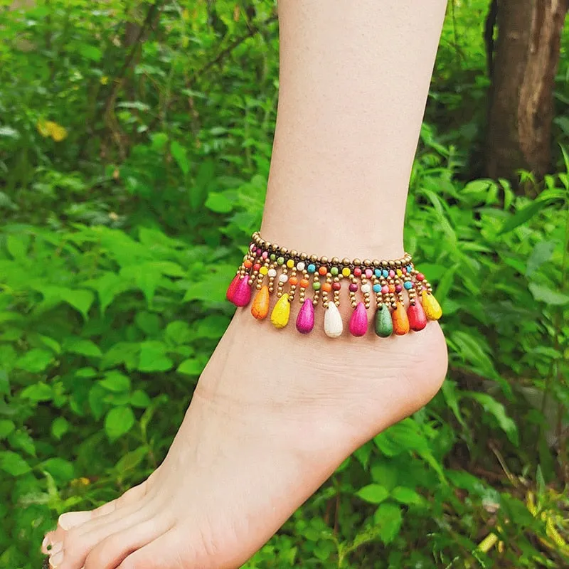 Bohemian Style Semi-precious Stone Anklet Wax Thread Hand-woven