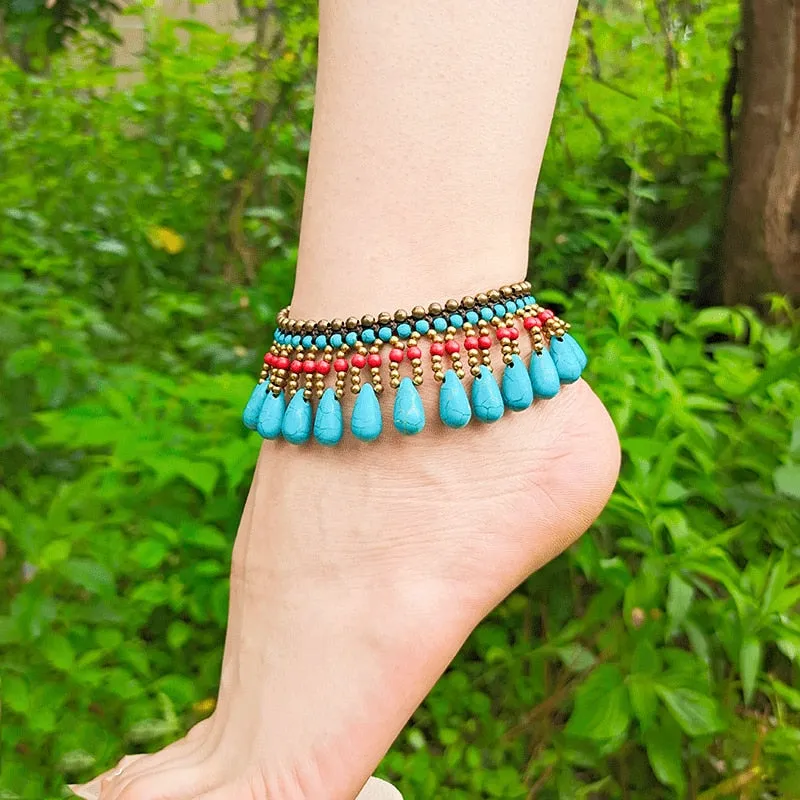 Bohemian Style Semi-precious Stone Anklet Wax Thread Hand-woven