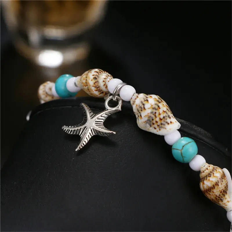 Boho Turquoise Beachy Beads Seashells Charm Anklet.