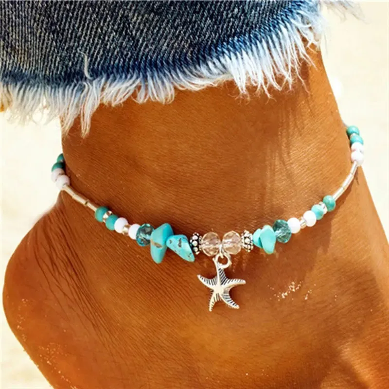 Boho Turquoise Beachy Beads Seashells Charm Anklet.