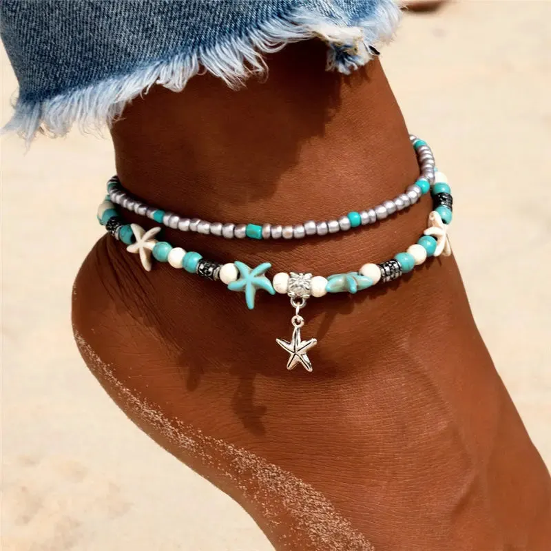 Boho Turquoise Beachy Beads Seashells Charm Anklet.