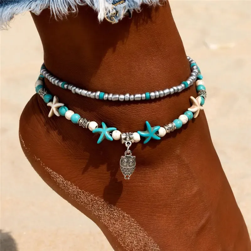 Boho Turquoise Beachy Beads Seashells Charm Anklet.