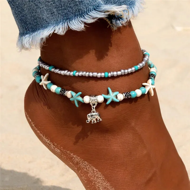 Boho Turquoise Beachy Beads Seashells Charm Anklet.