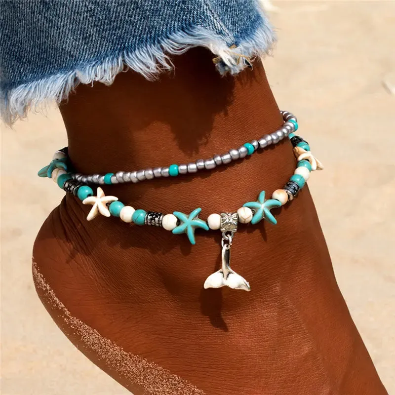 Boho Turquoise Beachy Beads Seashells Charm Anklet.