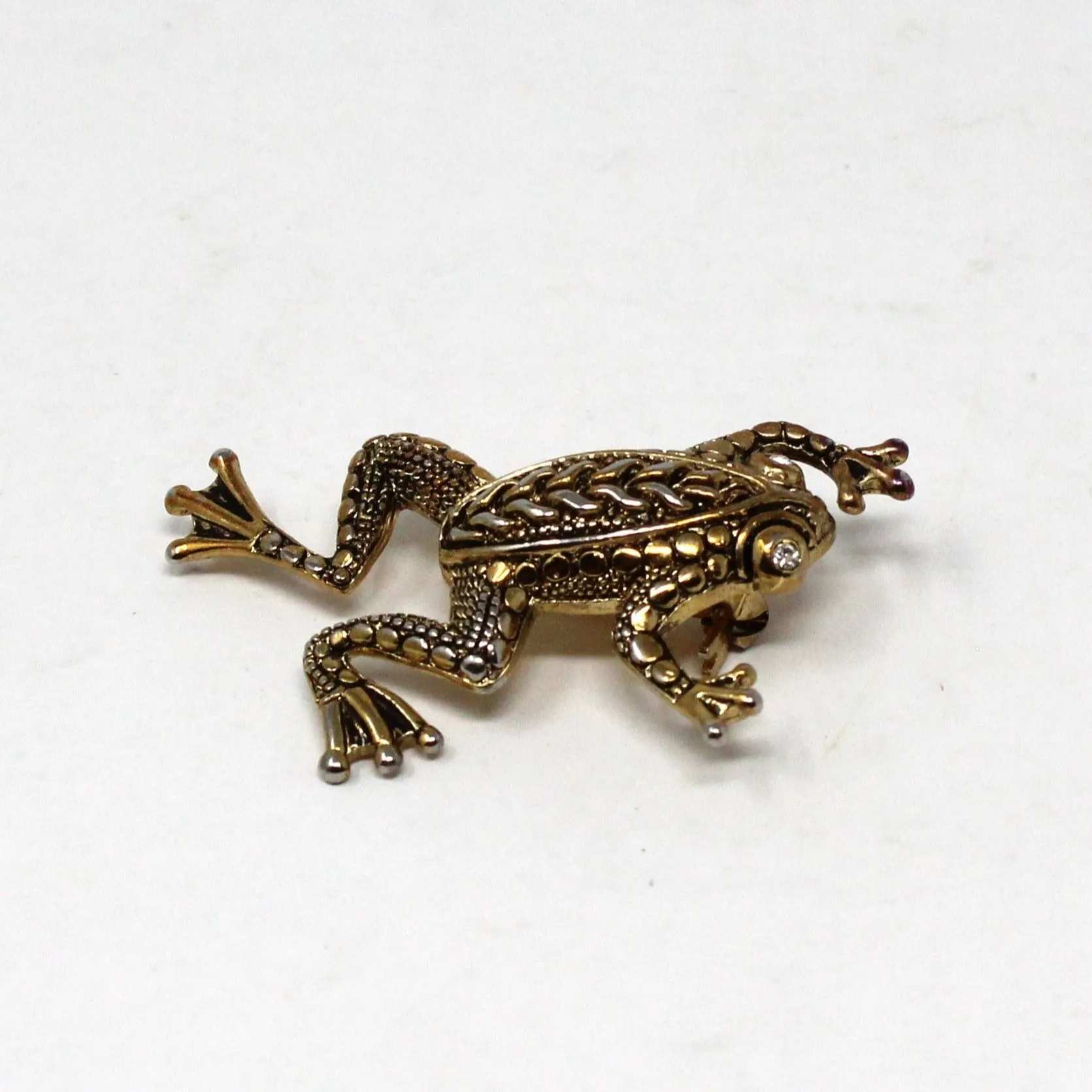 Brooch / Pin, Figural Frog, Gold & Silver Tone & Rhinestone Eyes, Intricate Pattern