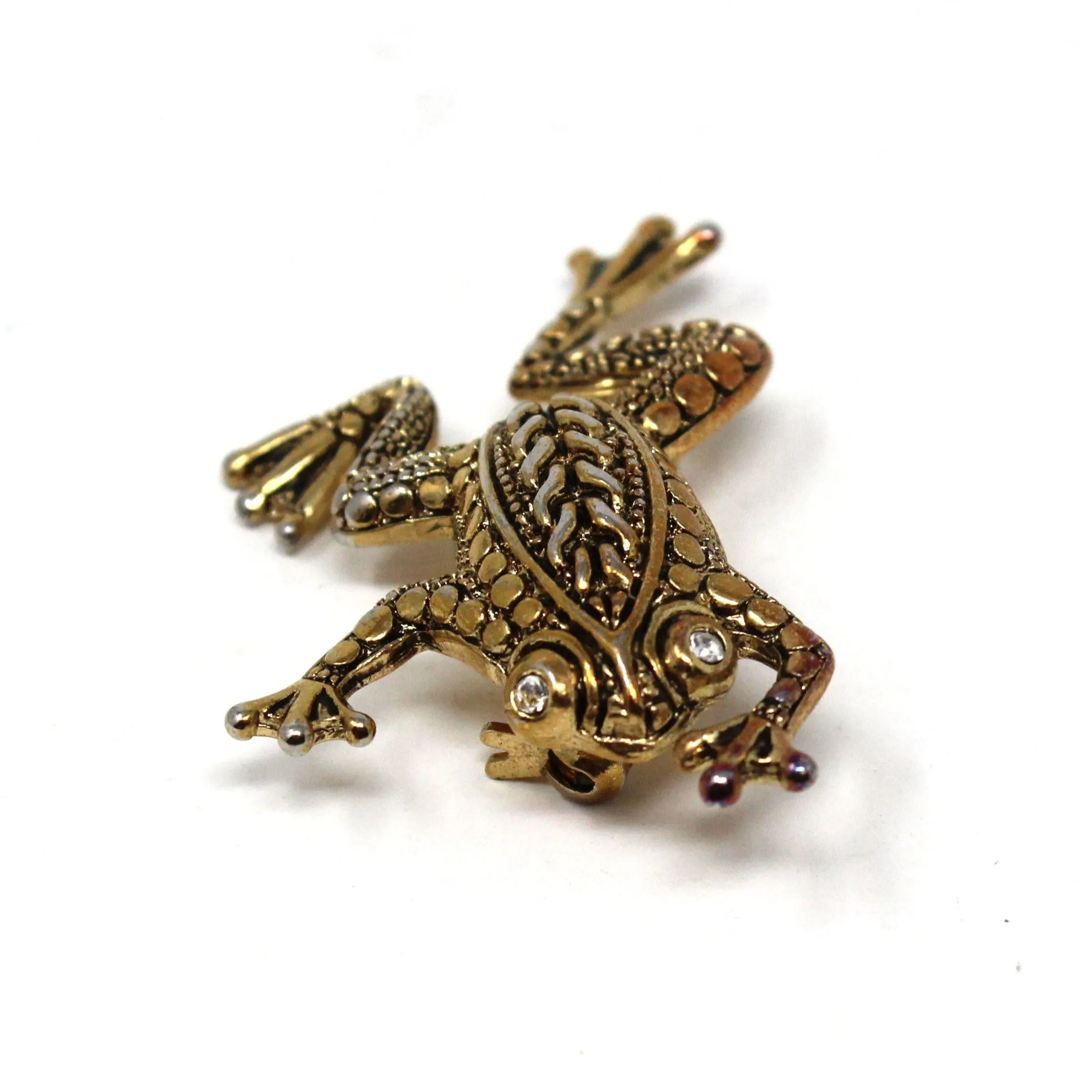 Brooch / Pin, Figural Frog, Gold & Silver Tone & Rhinestone Eyes, Intricate Pattern