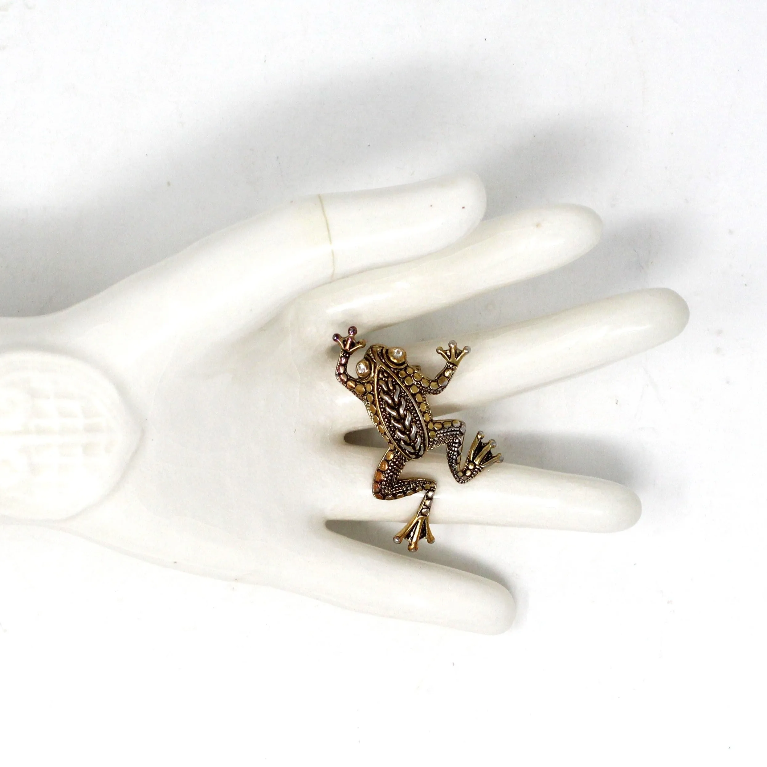 Brooch / Pin, Figural Frog, Gold & Silver Tone & Rhinestone Eyes, Intricate Pattern