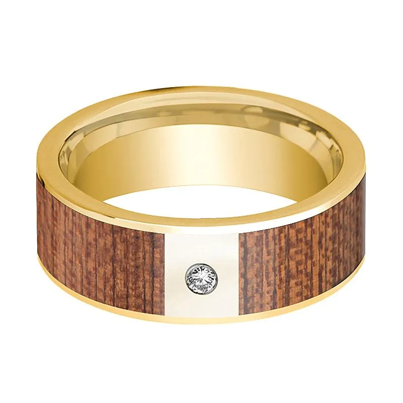 Cherry Wood Inlaid Men's 14k Gold Wedding Band with White Diamond in Center - 8MM