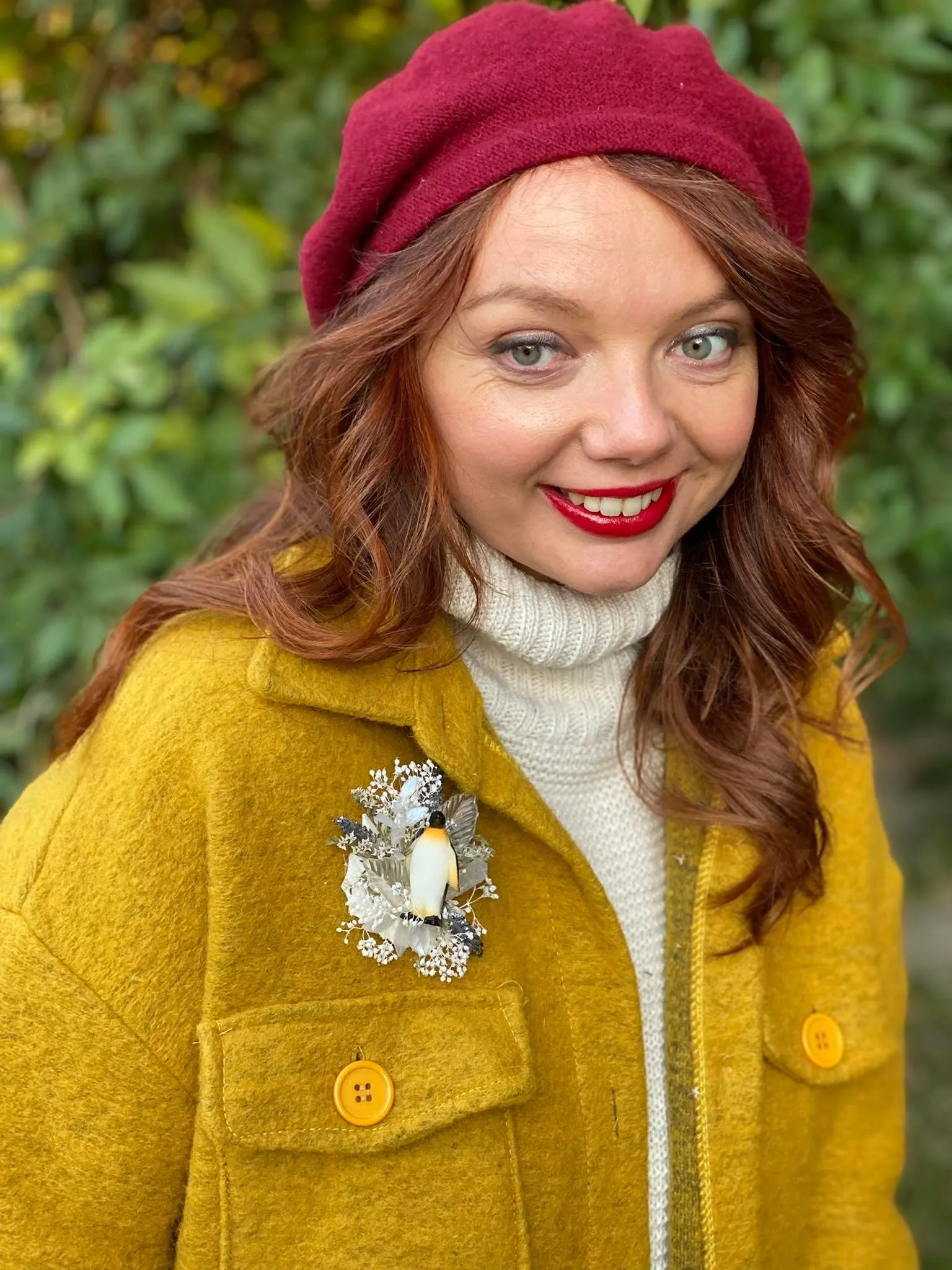 Christmas brooch with penguin Flower brooch for coat Winter happy feet brooch Handmade brooch Xmas gift Original and unique brooch Wedding