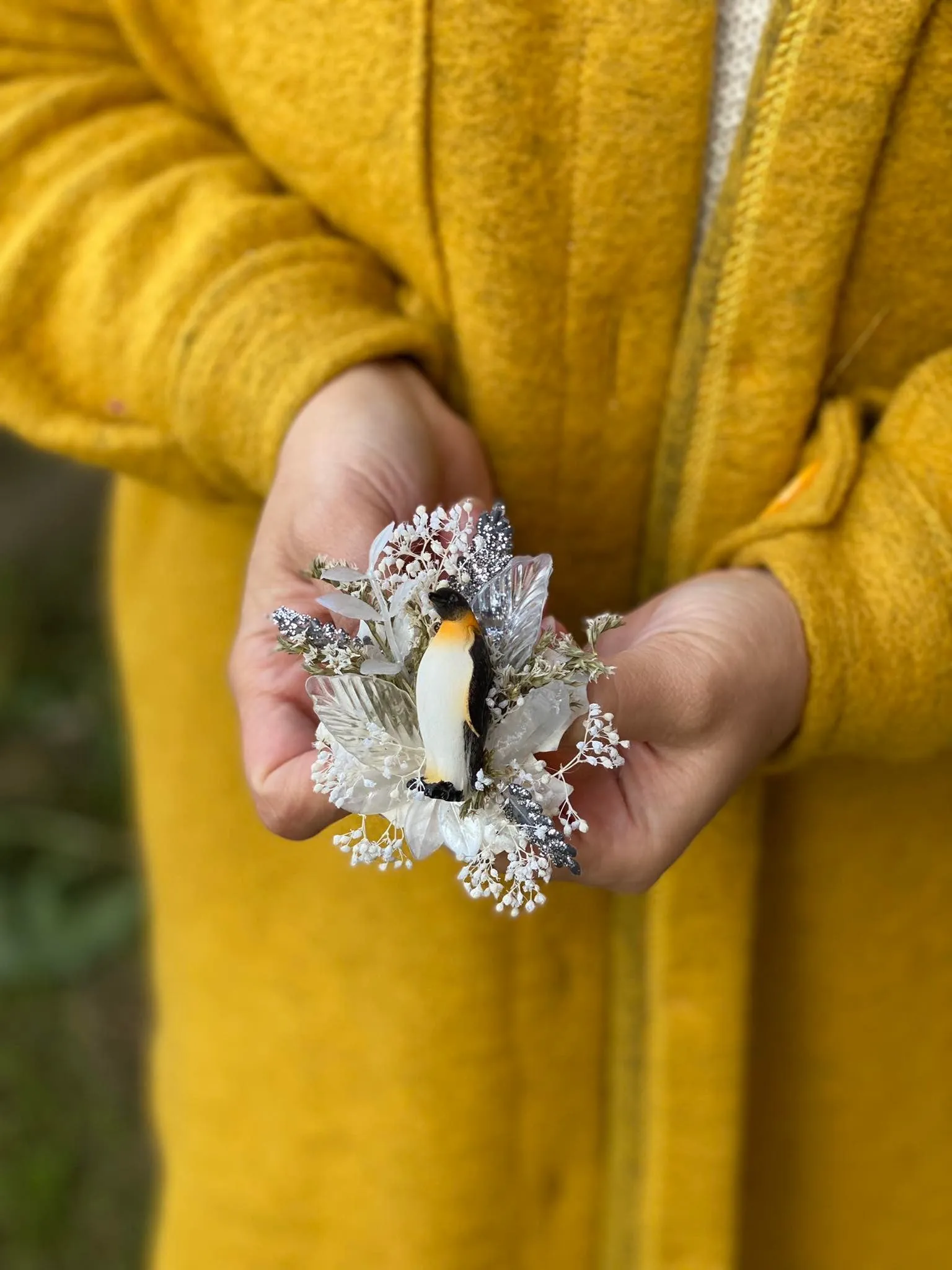 Christmas brooch with penguin Flower brooch for coat Winter happy feet brooch Handmade brooch Xmas gift Original and unique brooch Wedding