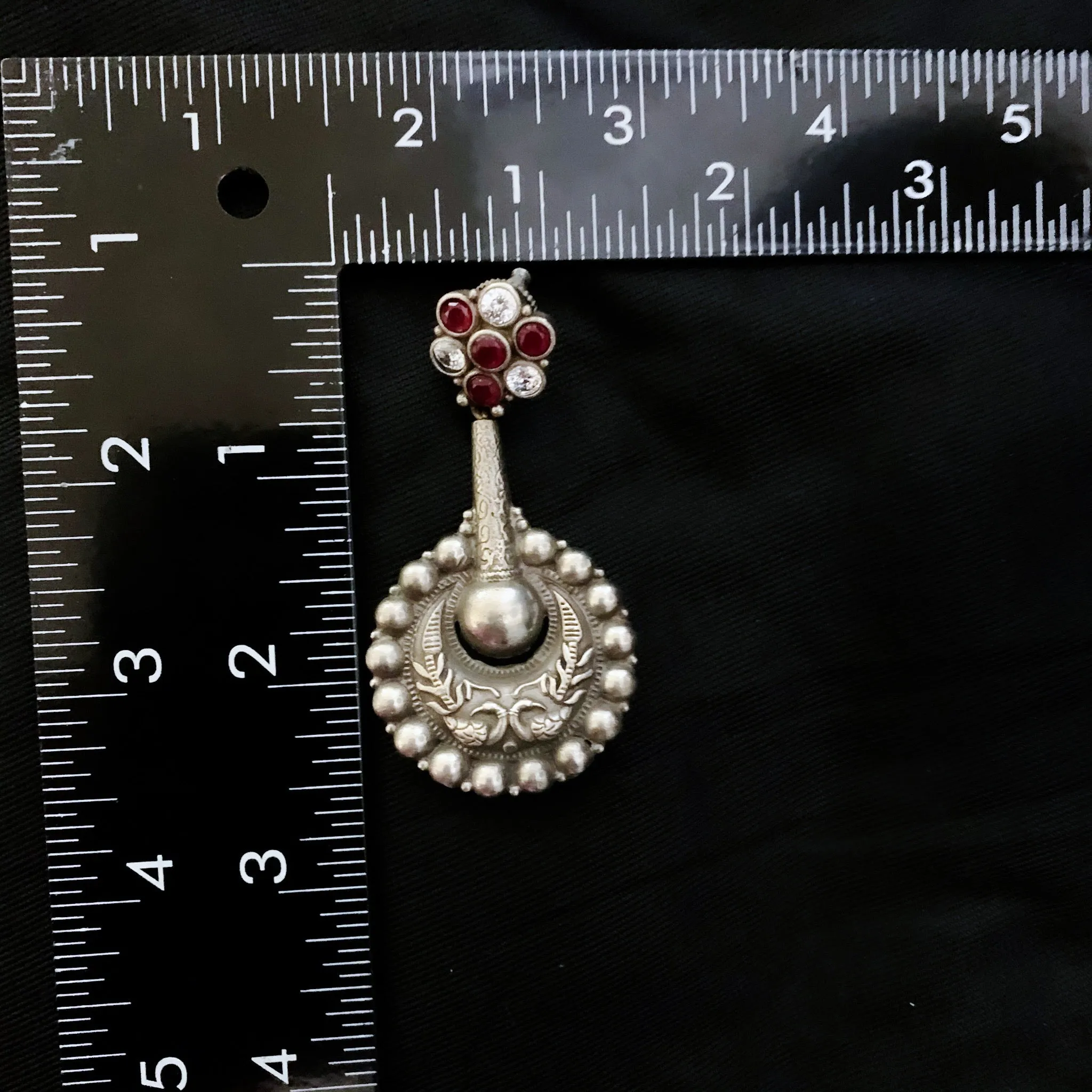 Contemporary Oxidized Silver Long Stylish Earring with Ruby red and White stone