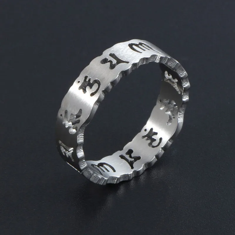 Custom Engraved Titanium Steel Couple Rings for Men and Women, Six-Character Mantra Hollow Design