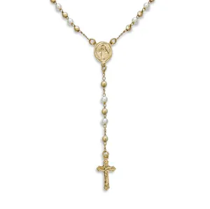 Dainty White Pearl Virgin Mary Rosary Necklace with Crucifix 18K Gold Plated