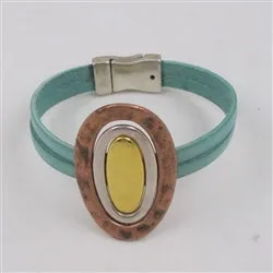 Destressed Pastel Turquoise Leather Bracelet Tri-colored Ringed Accent