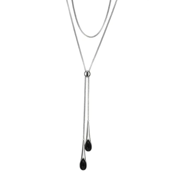 ELLE Sterling Silver "Ethereal Drops" Black Agate Double Drop 30" Necklace (SI5128)